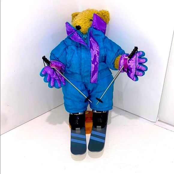 Tender Heart Treasures Vintage Kids Skiing Teddy Bear Toy - Blue and Purple - Picture 3 of 10